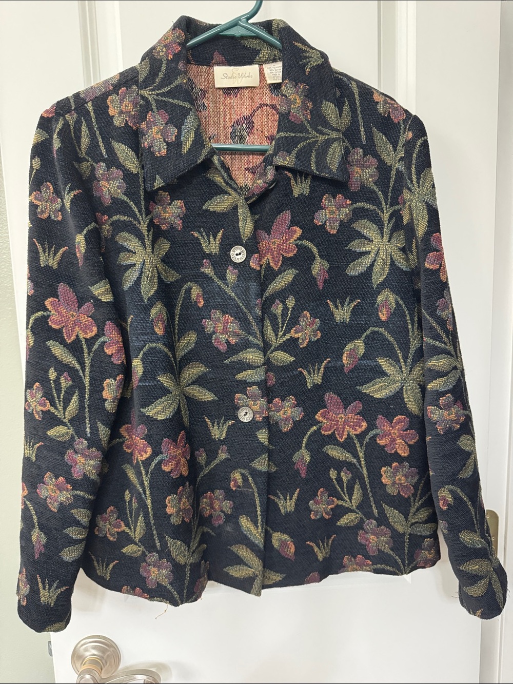 Studio Y Black Floral Button-Front Jacket with Pink and Green Blooms